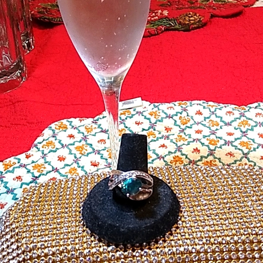 Diamond and aqua zircon white gold ring